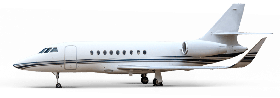 Falcon 2000 EX - 2008 - Side Side view of a white private jet with blue stripes, featuring three engines and a sleek design.