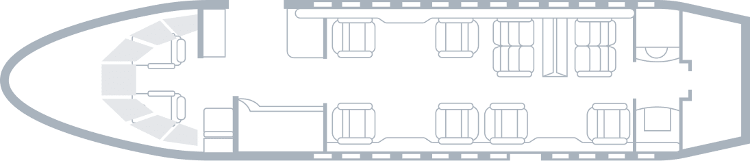 Falcon 200EX - Baggage - Desktop Floor plan of a boat showing seating arrangement with ten seats and a small cabin area at the front.
