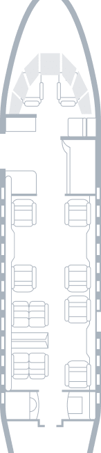 Falcon 200EX - Baggage - Mobile Diagram of a small aircraft interior with seating arrangement, showing two rows of individual seats and a small area at the front.