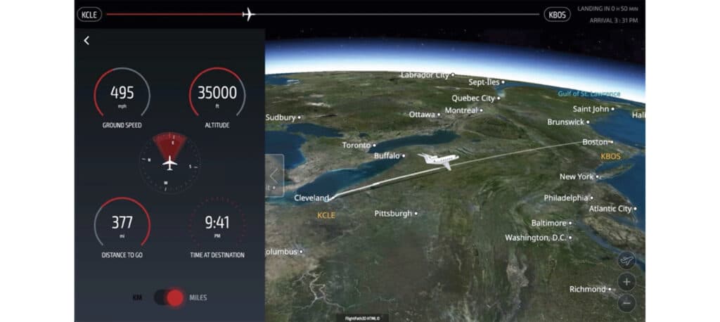 Gogo Flight Tracking showing an aircraft flying from Cleveland to Boston with flight metrics to the left