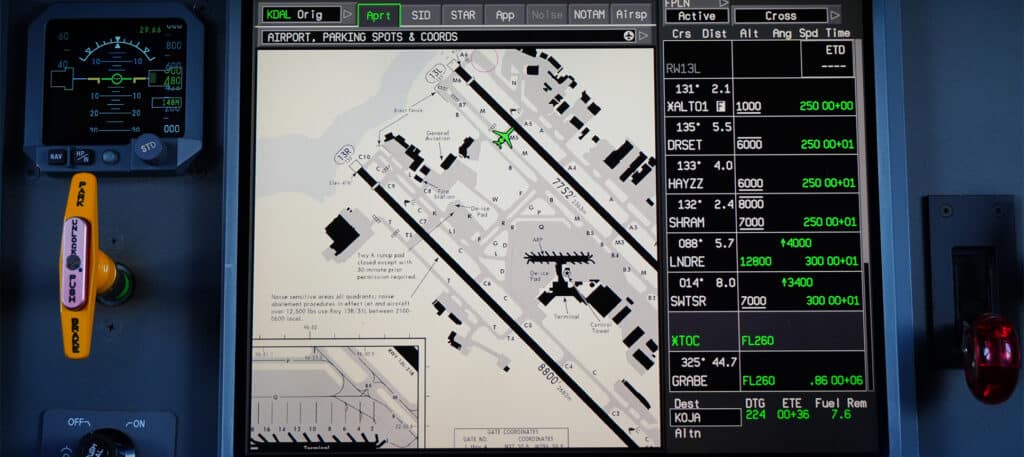 Dallas Love Field airport map on Falcon MFD tracking aircraft taxiing to Business Jet FBO
