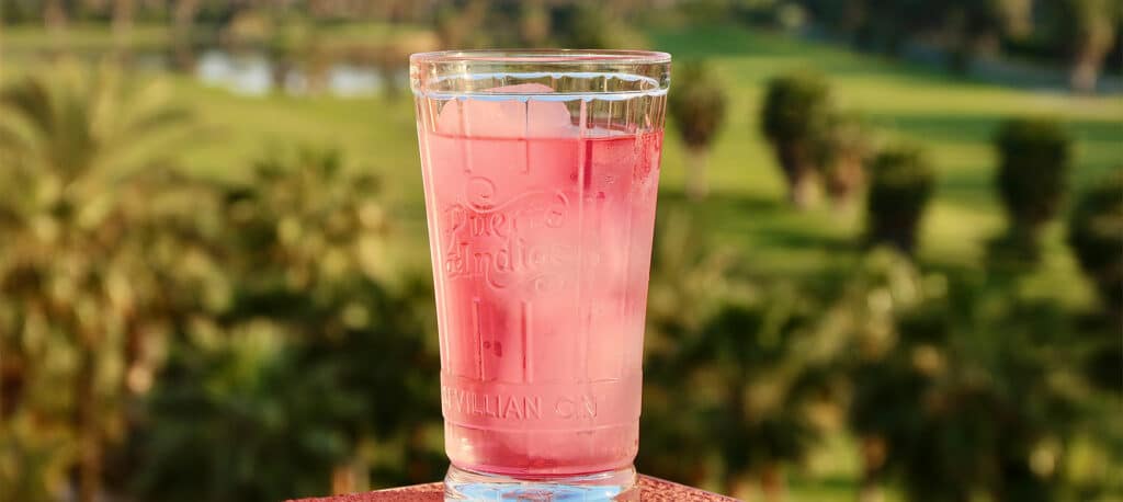 A glass filled with a pink ice drink sitting on a ledge with a lush green background