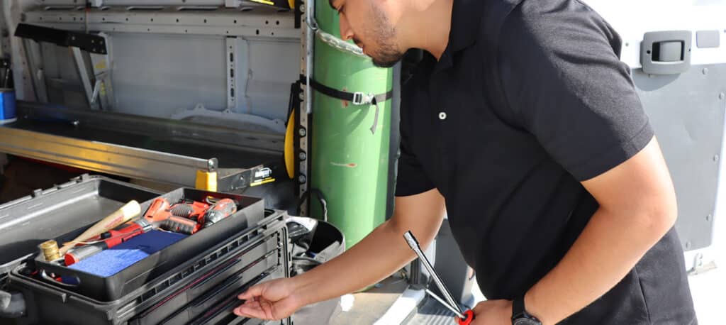 Business Jet AOG Maintenance Technician Preparing Tools